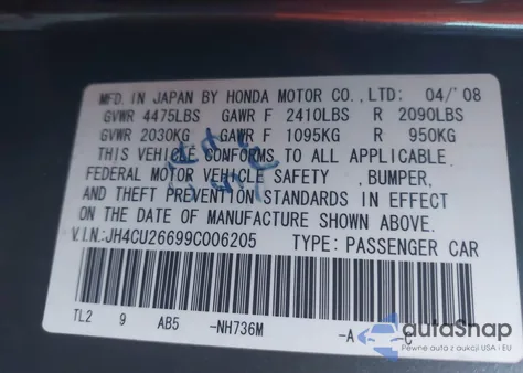 2009 Acura Tsx z USA, uszkodzony, nr VIN JH4CU26699C006205
